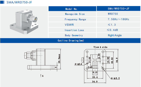 7.5GHz~18GHz WRD750 To SMA Male Right Angle Waveguide To Coax Adapter SMA/WRD750-JF