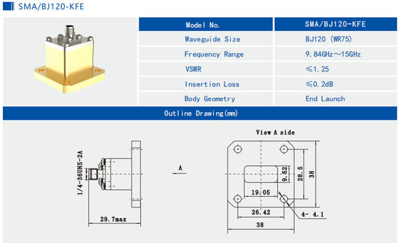 9.84-15GHz WR75 to SMA Female End Launch Waveguide to Coax Adapter Brass SMA/BJ120-KFE