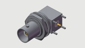 اتصال دهنده کواکسیال مادگی (جک، سوکت) BNC با زاویه راست (RA) با درجه تجاری، برای نصب روی برد و عبور از سوراخ، تا 4 گیگاهرتز، برای لحیم کاری از طریق 4 پایه